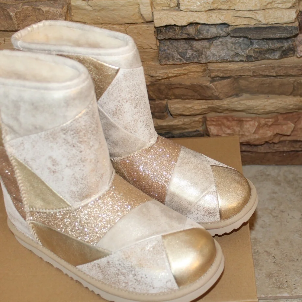 NEW GIRL'S  UGG PATCHWORK Metallic‎ Leather Short Boots GOLD